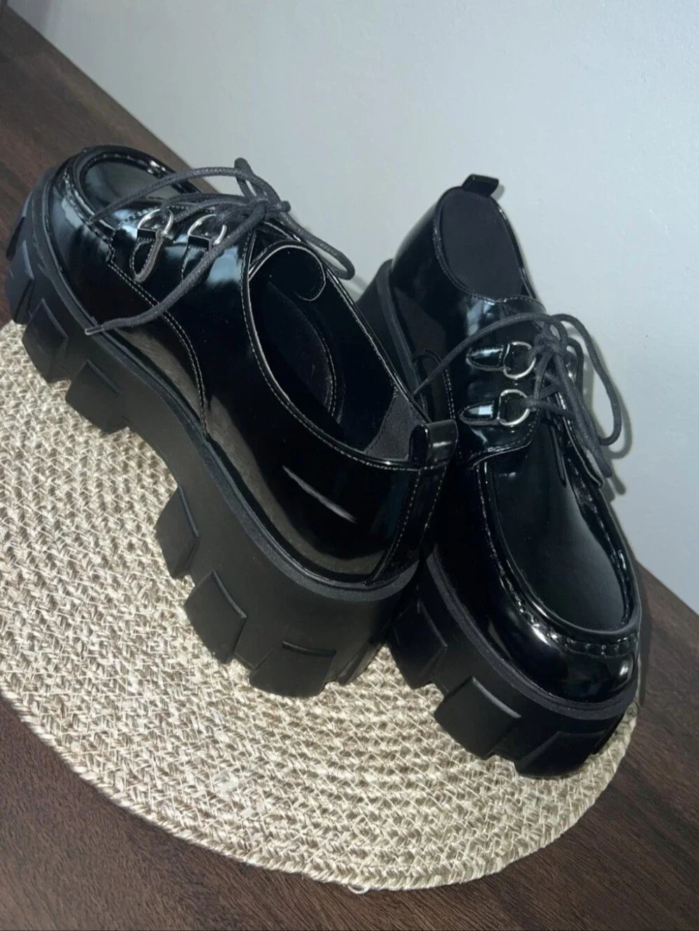 Just Fab Y2K 90's Black Lace-up Lug Heel Platform Chunky Loafers Womens Size 11